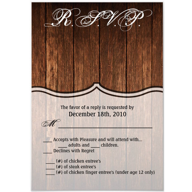 3.5x5 Vertical PRINTED Wedding R.S.V.P. Card - Simple Wood Boards and White Cursive