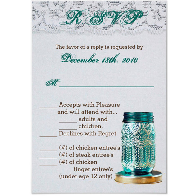 3.5x5 Vertical PRINTED Wedding R.S.V.P. Card - White and Teal Mason Jar Country Lace