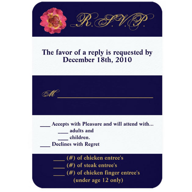 3.5x5 Vertical PRINTED Wedding R.S.V.P. Card - Navy Blue and White Pink Floral Flower Stripe Pattern