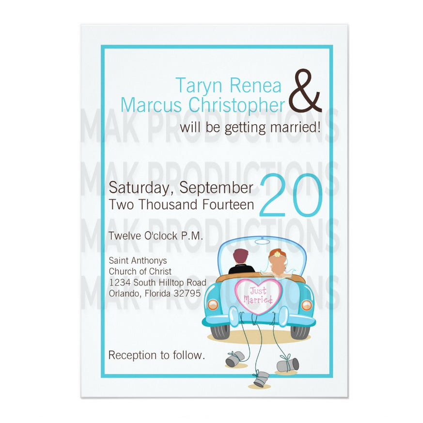 5x7 PRINTED Wedding Invitation - White and Blue Just Married Car Couples