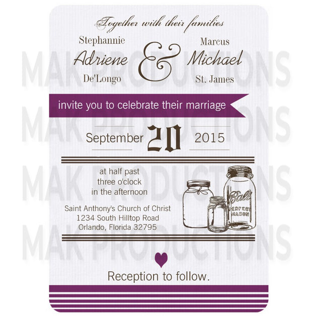 5x7 PRINTED Wedding Invitation - Simple Rustic Country Dark Purple Stripe Mason Jars