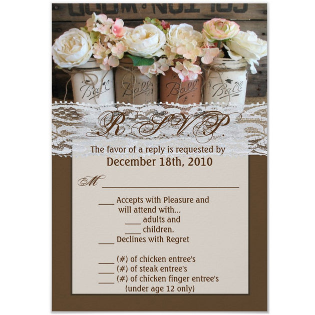 3.5x5 Vertical PRINTED Wedding R.S.V.P. Card - Brown and White Lace Flower Vase Pot