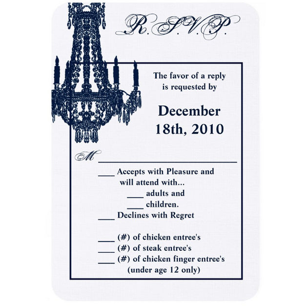 3.5x5 Vertical PRINTED Wedding R.S.V.P. Card - White and Neon Blue Fancy Chandelier Graphic