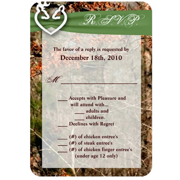 3.5x5 Vertical PRINTED Wedding R.S.V.P. Card - Camo Hunting Deer Heads Couple Buck Doe Green Ribbon