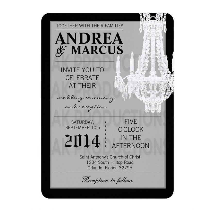 5x7 PRINTED Wedding Invitation -  Black and White Simple Elegant Chandelier