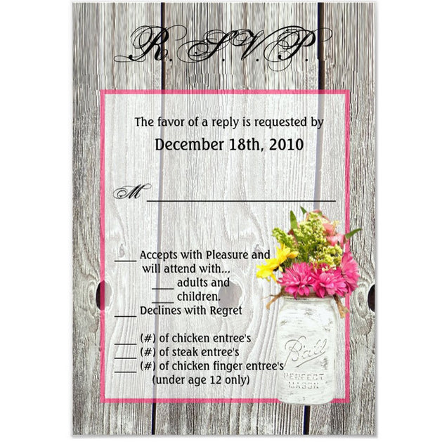 3.5x5 Vertical PRINTED Wedding R.S.V.P. Card - Gray Wood Board Pink Border Floral Flower