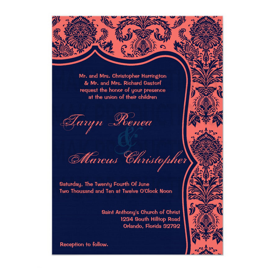 5x7 PRINTED Wedding Invitation - Pink and Blue Simple Elegant Damask Tile Pattern