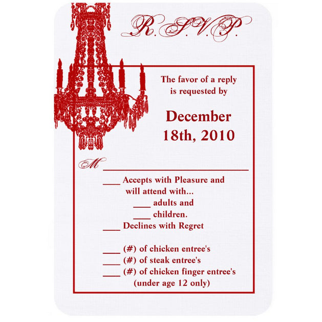 3.5x5 Vertical PRINTED Wedding R.S.V.P. Card - White and Red Fancy Chandelier Graphic
