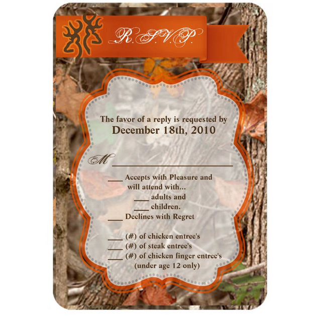 3.5x5 Vertical PRINTED Wedding R.S.V.P. Card - Camo Hunting Deer Couple Buck Doe Elegant Border Orange Ribbon Banner