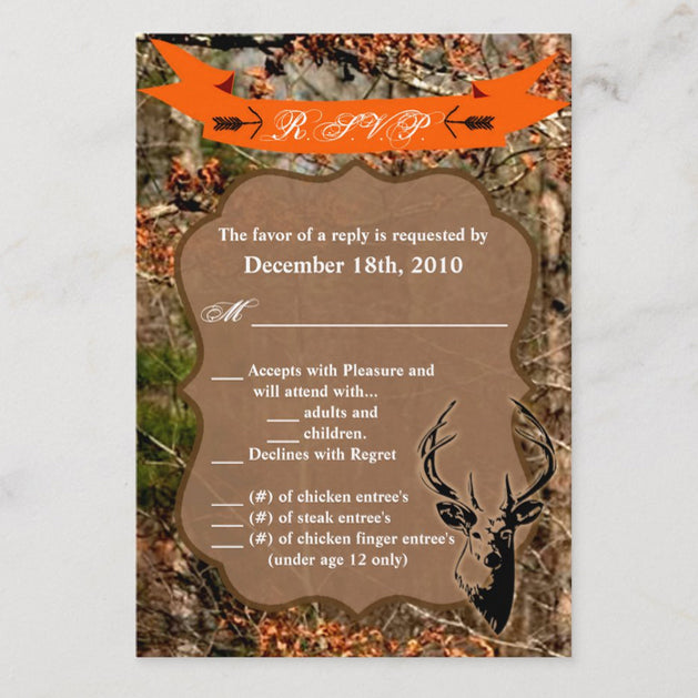 3.5x5 Vertical PRINTED Wedding R.S.V.P. Card - Camo Deer Hunting Buck Orange Banner Ribbon