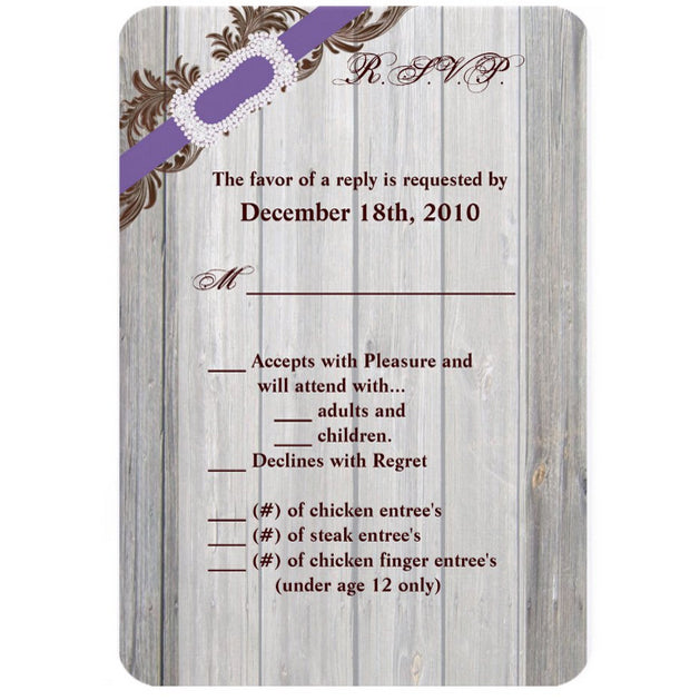3.5x5 Vertical PRINTED Wedding R.S.V.P. Card - Gray and Purple Wood Country Filigree Band