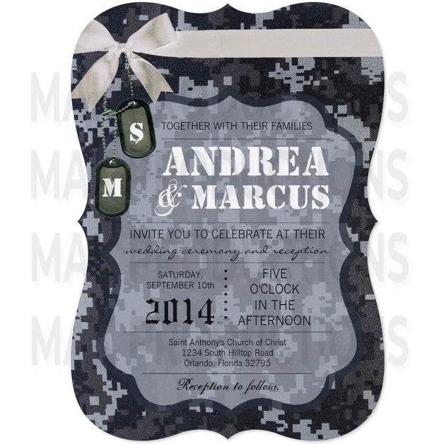 5x7 PRINTED Wedding Invitation - Black Camo and White Simple Elegant Pattern Bow