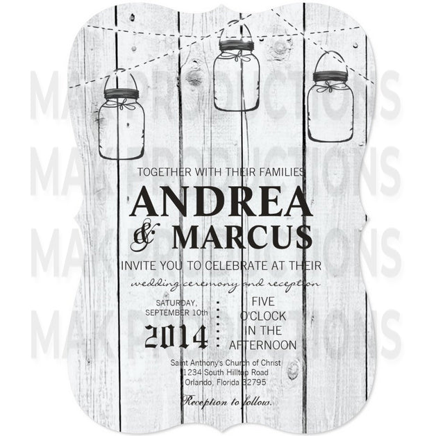 5x7 PRINTED Wedding Invitation - White Fancy Traditional Rustic Mason Jar String Lights
