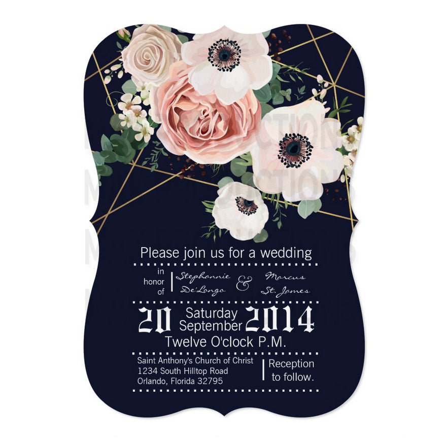 5x7 PRINTED Wedding Invitation - Navy Blue, Pink, and White Simple Geometric Rose