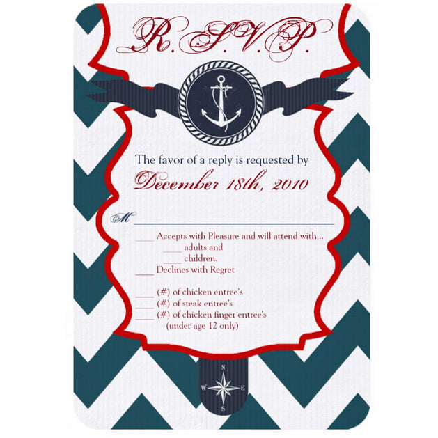 3.5x5 Vertical PRINTED Wedding R.S.V.P. Card - Navy Blue, White, and Red Sailor Ship Captain Anchor Stripe Pattern