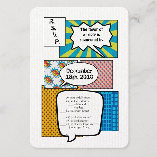 3.5x5 Vertical PRINTED Wedding R.S.V.P. Card - Comic Book Super Hero
