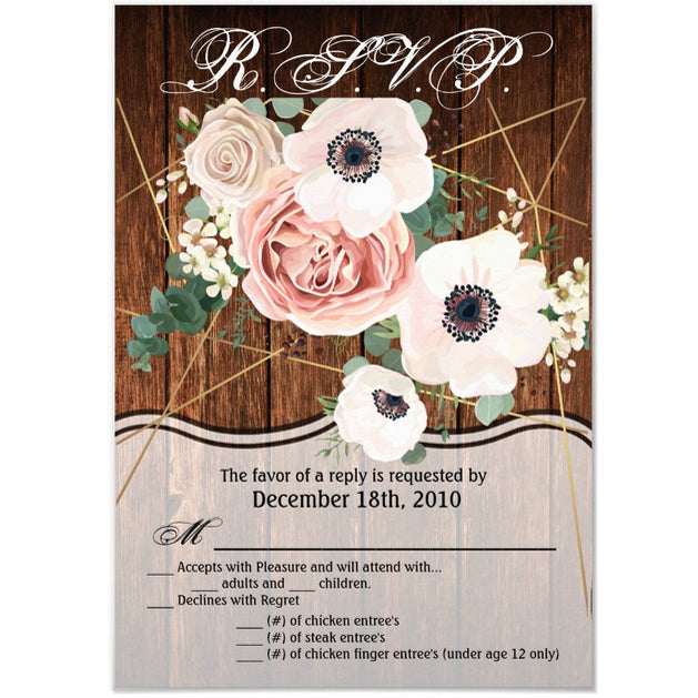 3.5x5 Vertical PRINTED Wedding R.S.V.P. Card - Wood Board Geometric Floral Flower Rose
