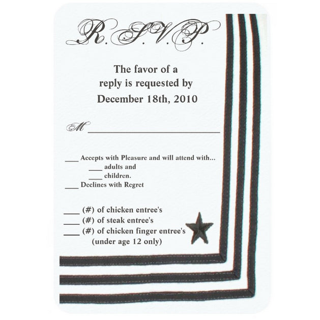 3.5x5 Vertical PRINTED Wedding R.S.V.P. Card - White and Navy Blue Stripe Corner Star