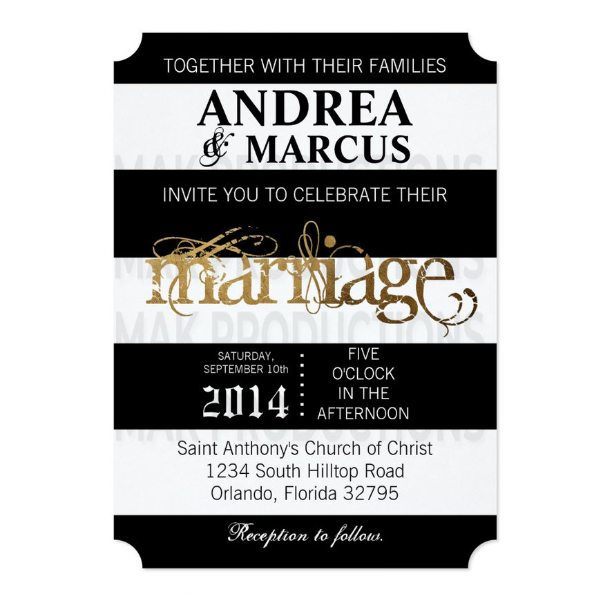 5x7 PRINTED Wedding Invitation - Black, White, and Gold Stripe Pattern Elegant Marriage