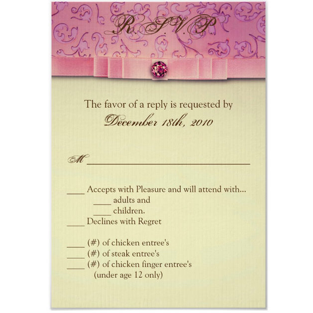 3.5x5 Vertical PRINTED Wedding R.S.V.P. Card - Tan and Pink Clothing Crimped Ribbon Swirl Pattern