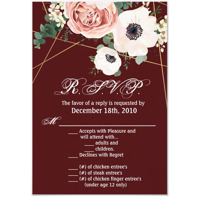 3.5x5 Vertical PRINTED Wedding R.S.V.P. Card - Red Geometric Floral Flower Rose