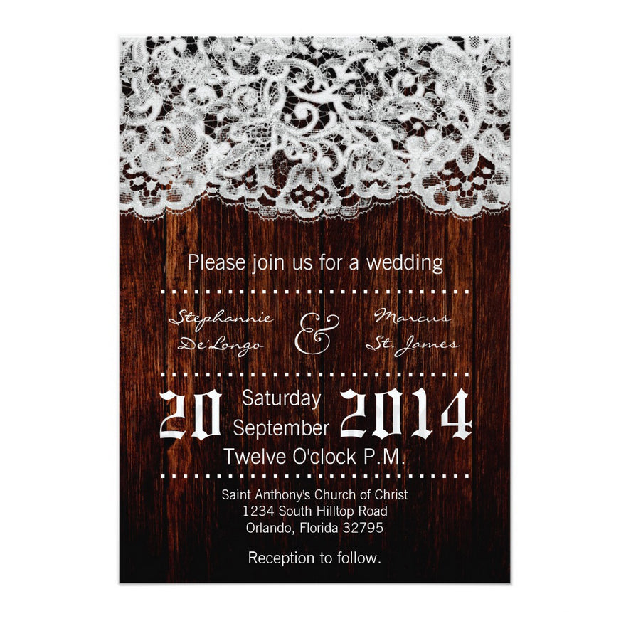 5x7 PRINTED Wedding Invitation - Dark Brown and White Wood Elegant Lace Pattern