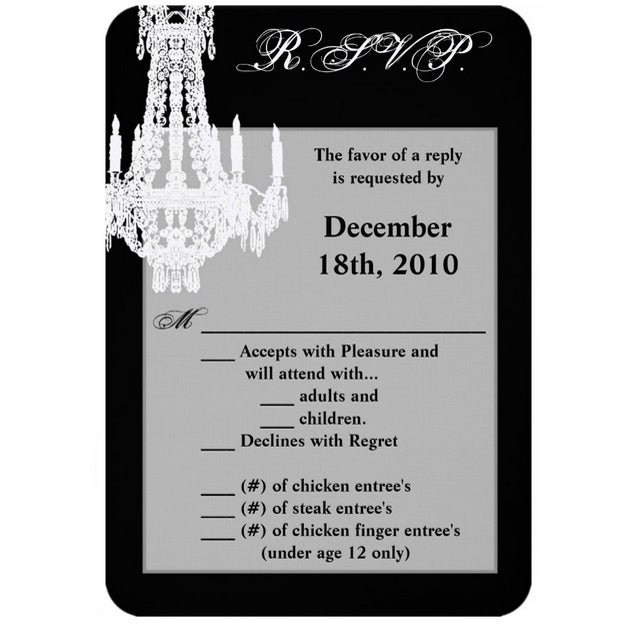 3.5x5 Vertical PRINTED Wedding R.S.V.P. Card - Black and White Fancy Chandelier Graphic