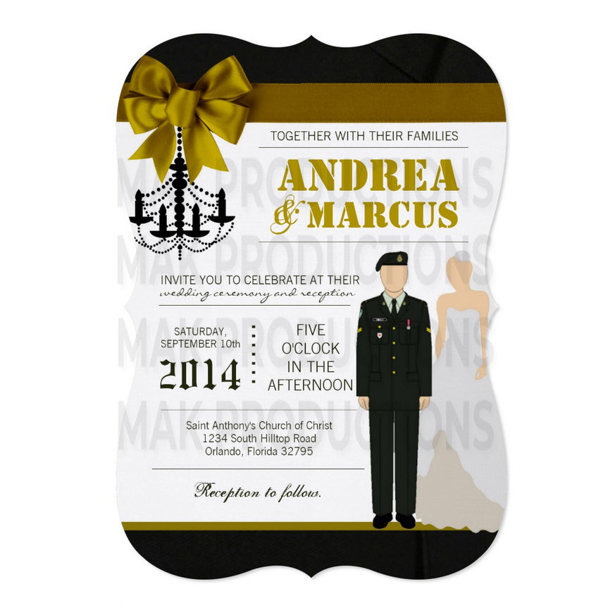 5x7 PRINTED Wedding Invitation - Black and Yellow Armed Forces Couple Wedding Chandelier