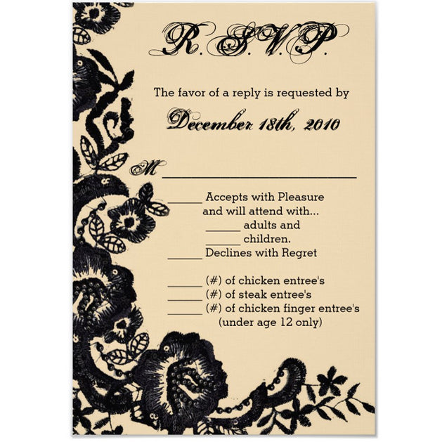 3.5x5 Vertical PRINTED Wedding R.S.V.P. Card - Tan and Black Floral Filigree Corner