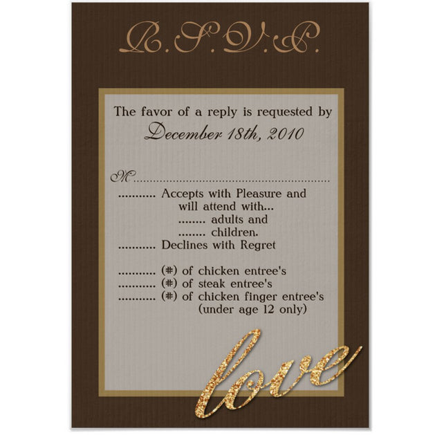 3.5x5 Vertical PRINTED Wedding R.S.V.P. Card - Brown and Gold Love Glitter