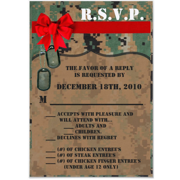 3.5x5 Vertical PRINTED Wedding R.S.V.P. Card - Green Camo Army Silver Dog Tag White Bow Ribbon