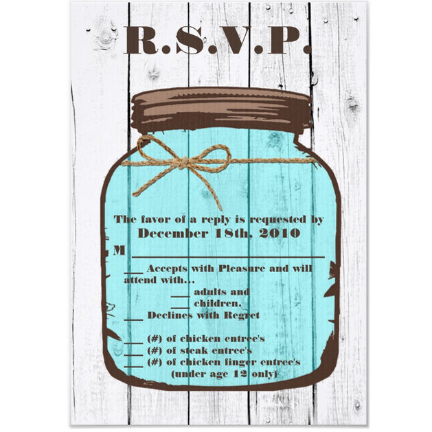 3.5x5 Vertical PRINTED Wedding R.S.V.P. Card - White Wood Boards Country Mason Jar