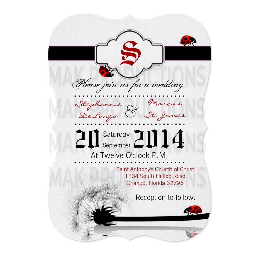 5x7 PRINTED Wedding Invitation - White and Black Dandelion Ladybug