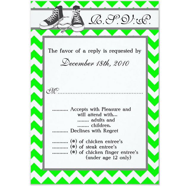 3.5x5 Vertical PRINTED Wedding R.S.V.P. Card - Green and White Sneakers Converse Shoes Fashion