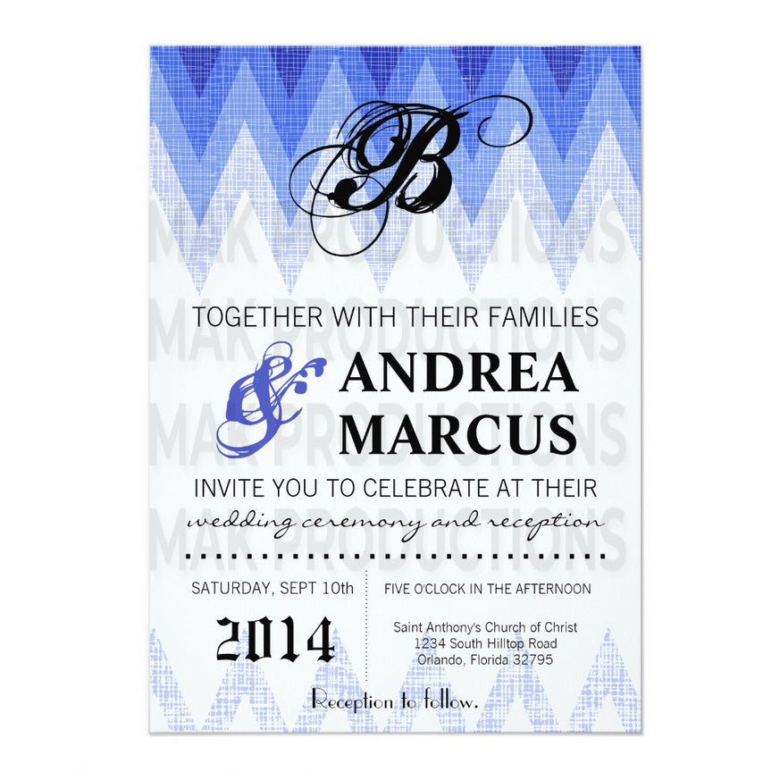 5x7 PRINTED Wedding Invitation - Blue and White Triangle Zig Zag Pattern