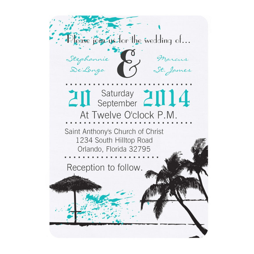 5x7 PRINTED Wedding Invitation - White, Black, Teal Beach Tropical Palm Trees