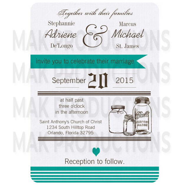 5x7 PRINTED Wedding Invitation - Simple Rustic Country Dark Teal Stripe Mason Jars
