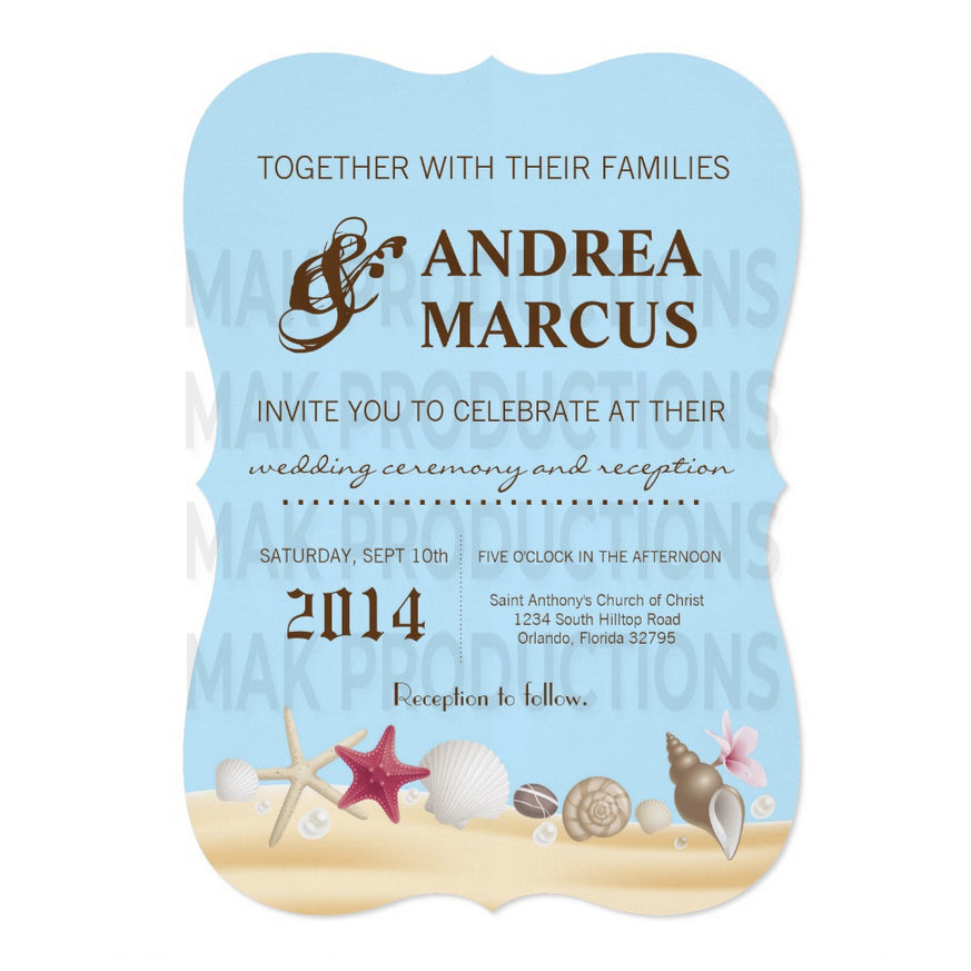 5x7 PRINTED Wedding Invitation - Blue and Tan Beach Sand Seashell Starfish Tropical