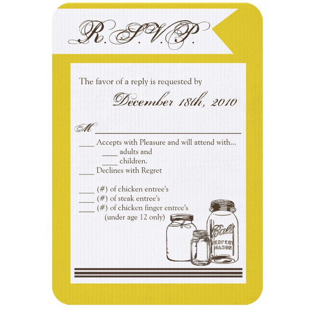 3.5x5 Vertical PRINTED Wedding R.S.V.P. Card - Yellow and White Country Mini Mason Jars