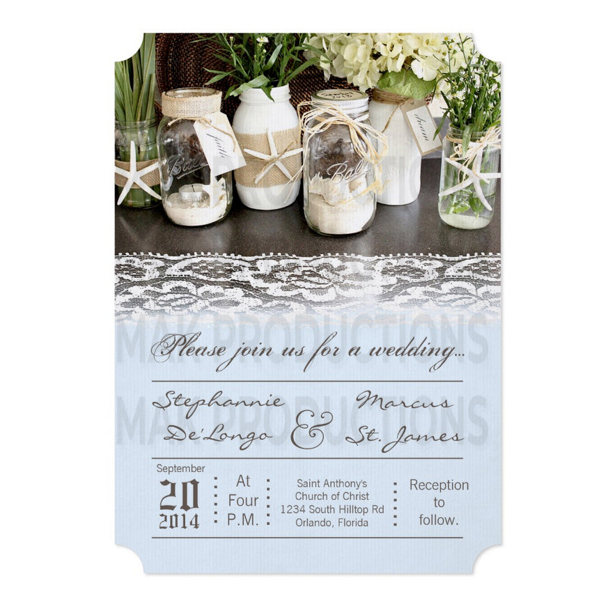 5x7 PRINTED Wedding Invitation - Tan and White Seashell Sea Star Starfish  Beach Vase