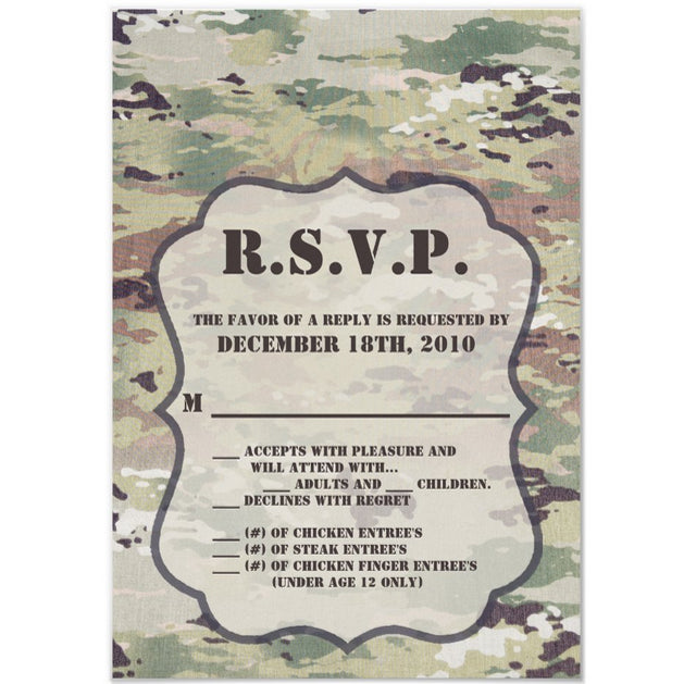 3.5x5 Vertical PRINTED Wedding R.S.V.P. Card - Army Camo Greeb and Brown