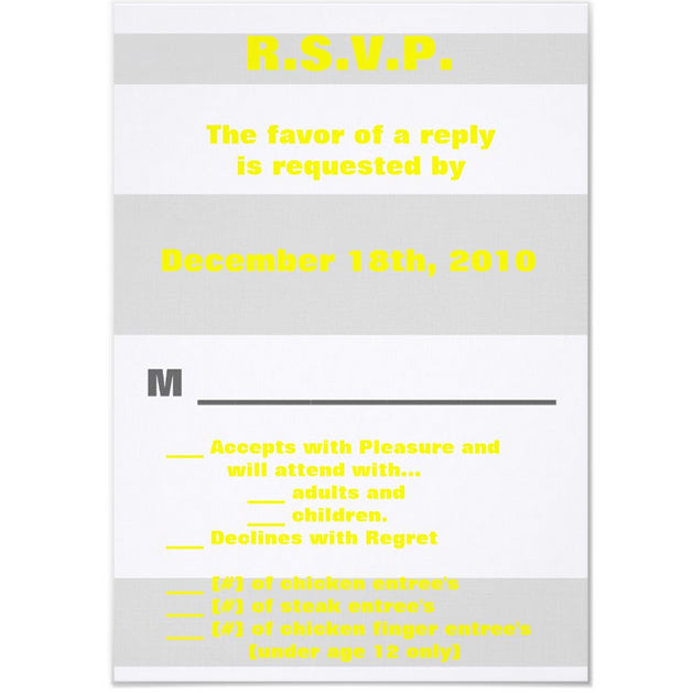 3.5x5 Vertical PRINTED Wedding R.S.V.P. Card - Light Gray, White, and Yellow Stripe Pattern Background