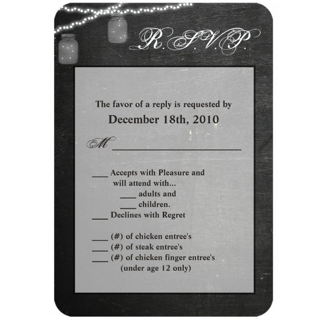 3.5x5 Vertical PRINTED Wedding R.S.V.P. Card - Gray and White Country Mason Jar String Lights