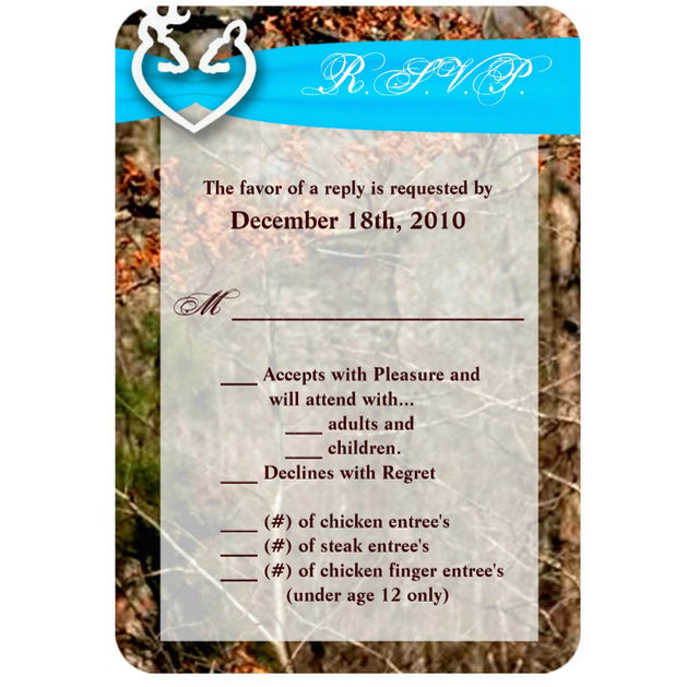 3.5x5 Vertical PRINTED Wedding R.S.V.P. Card - Camo Hunting Deer Heads Couple Buck Doe Blue Ribbon