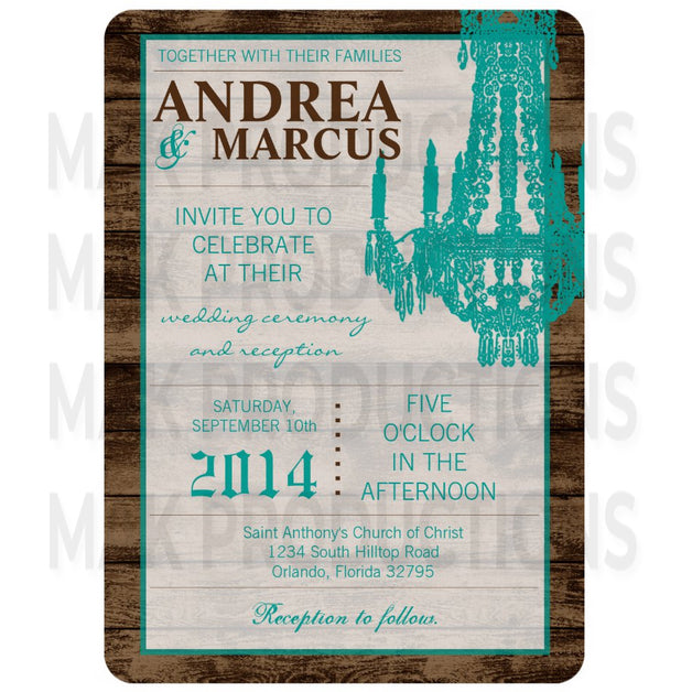 5x7 PRINTED Wedding Invitation - Teal and Brown Elegant Rustic Chandelier