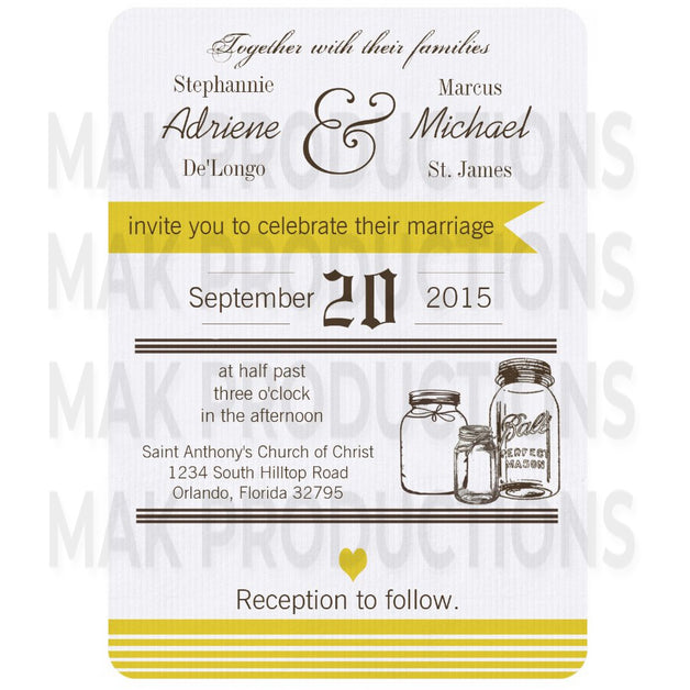5x7 PRINTED Wedding Invitation - Simple Rustic Country Dark Yellow Stripe Mason Jars