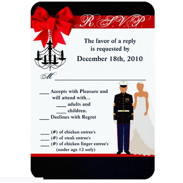 3.5x5 Vertical PRINTED Wedding R.S.V.P. Card - Navy Groom and Bride Couples Love Red Ribbon Bow
