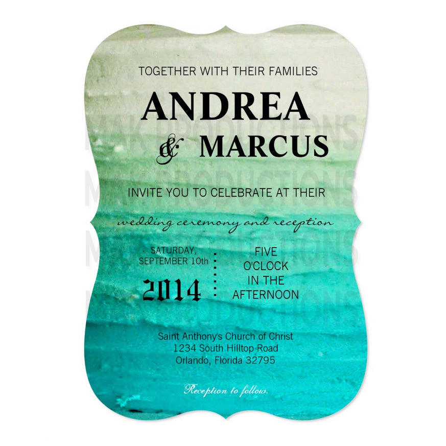 5x7 PRINTED Wedding Invitation - White and Teal Wooden Ombre