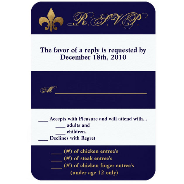 3.5x5 Vertical PRINTED Wedding R.S.V.P. Card - Navy Blue, White, and Gold Fleur de Lis Cursive Stripe Pattern Background