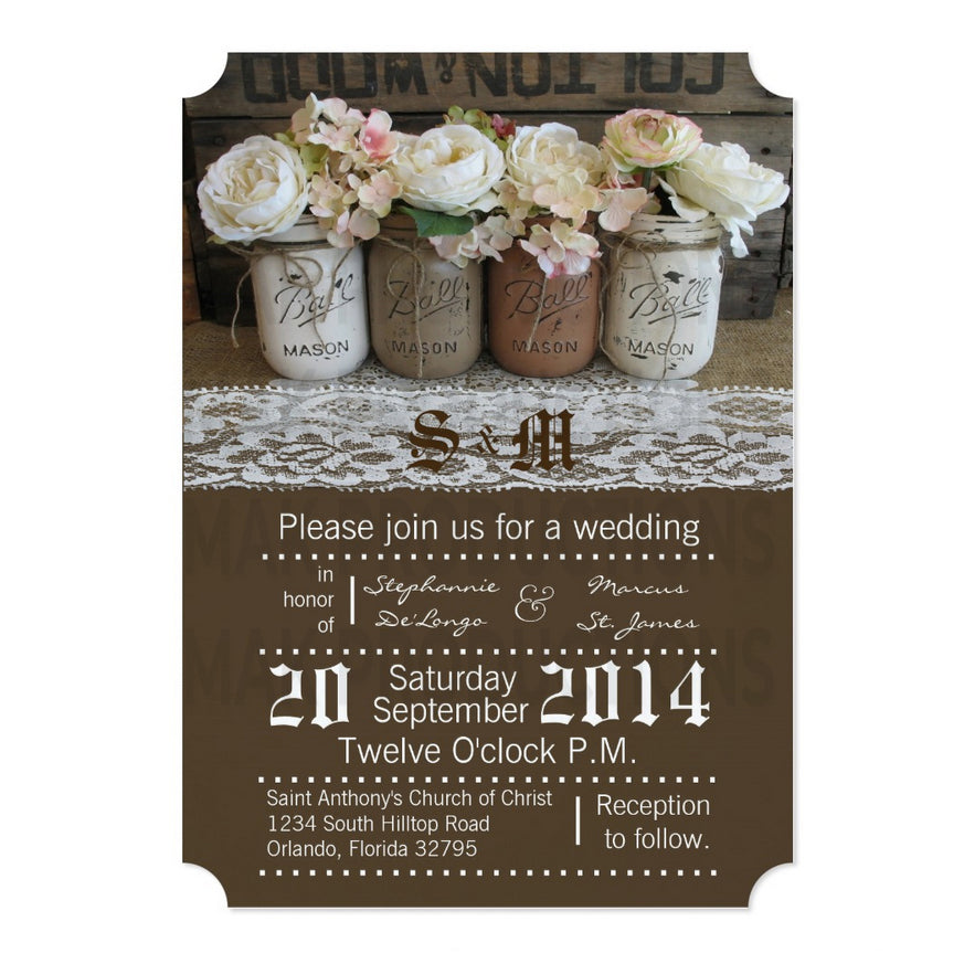 5x7 PRINTED Wedding Invitation -  Brown and White Mason Jars Floral Flowers